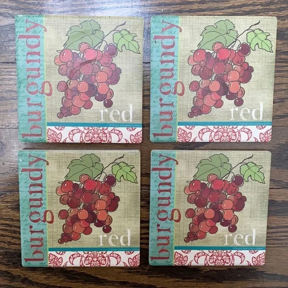Red Burgundy Red Wine Square Cork Grapes Fruit Coasters Set of 4 - Picture 2 of 10